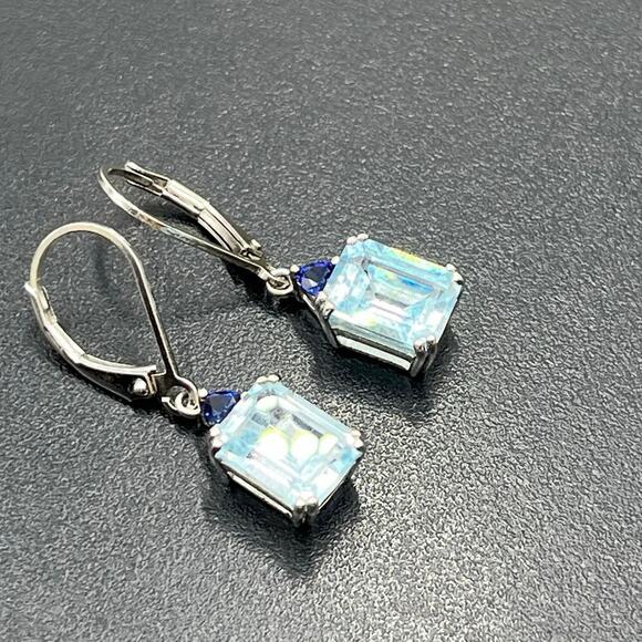 BBJ 925 Sterling Silver Emerald Cut Blue Topaz Sm Sapphire Lever back Earrings - Picture 4 of 9